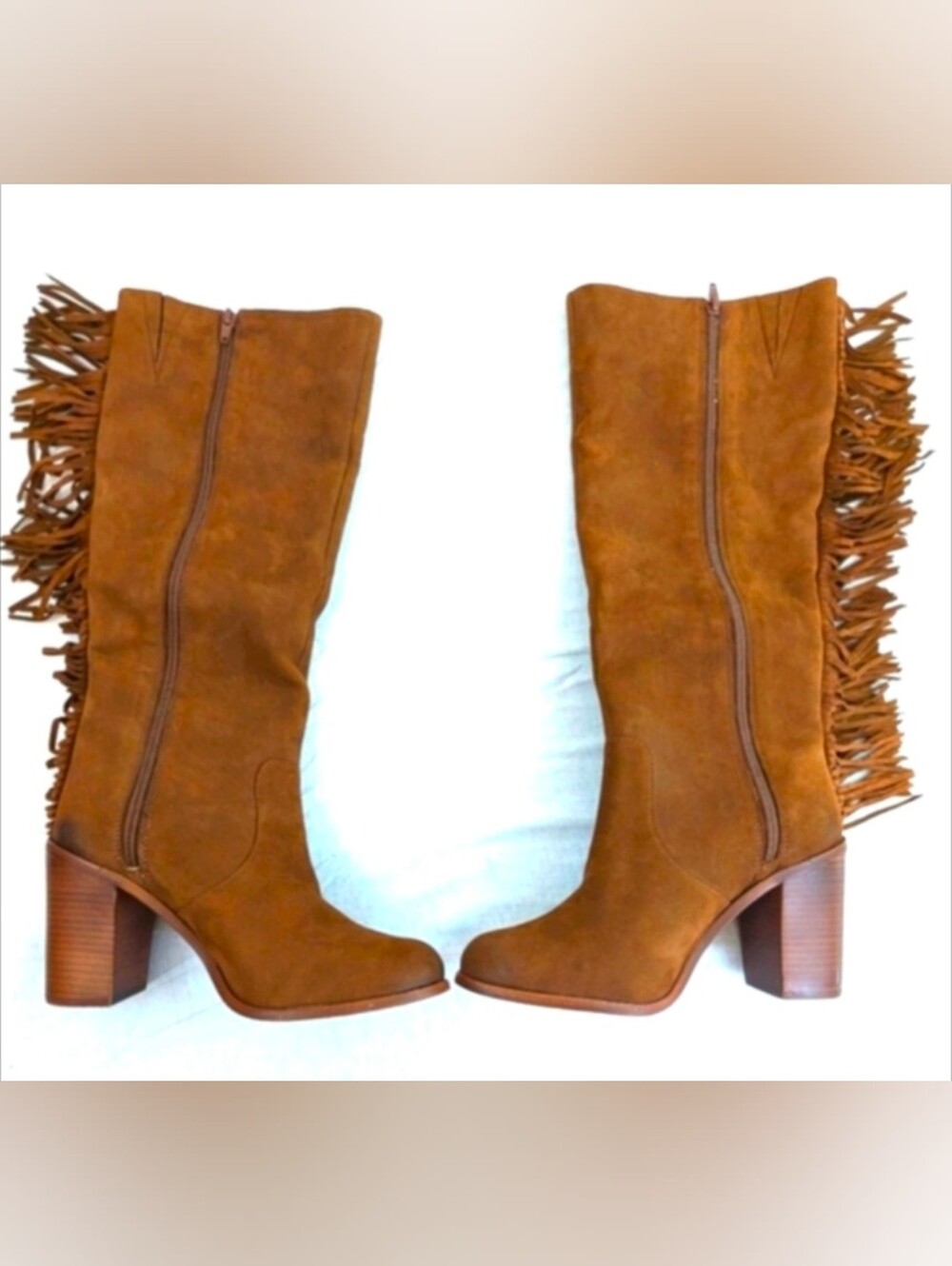 Gianni Bini Brown Suede Leather Fringe Boots Size 8 3.5" Heel